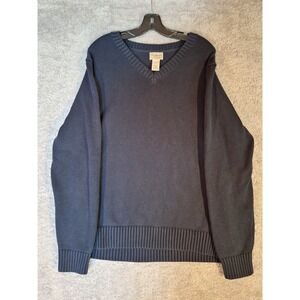 LL Bean Mens V-Neck Sweater Navy 100% Cotton Large 270806 Preppy Long Sleeve